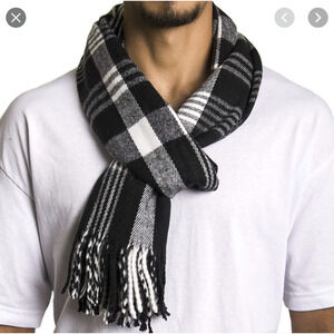 Alpine Swiss Scarf Plaid Acrylic Black Gray White Unisex Neck Warmth New Fringe